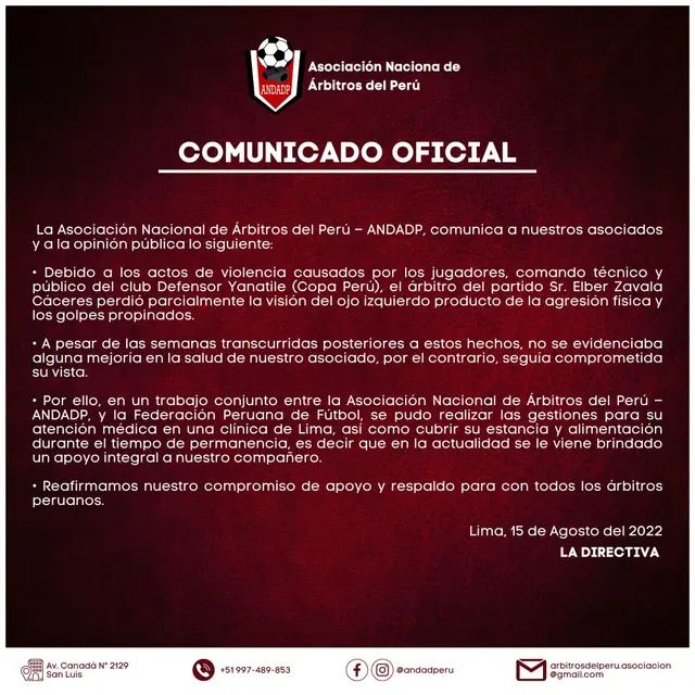 Comunicado de ANDADP sobre árbitro de Copa Perú.