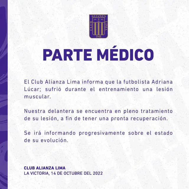 Parte médico de Alianza Lima sobre Adriana Lúcar.   