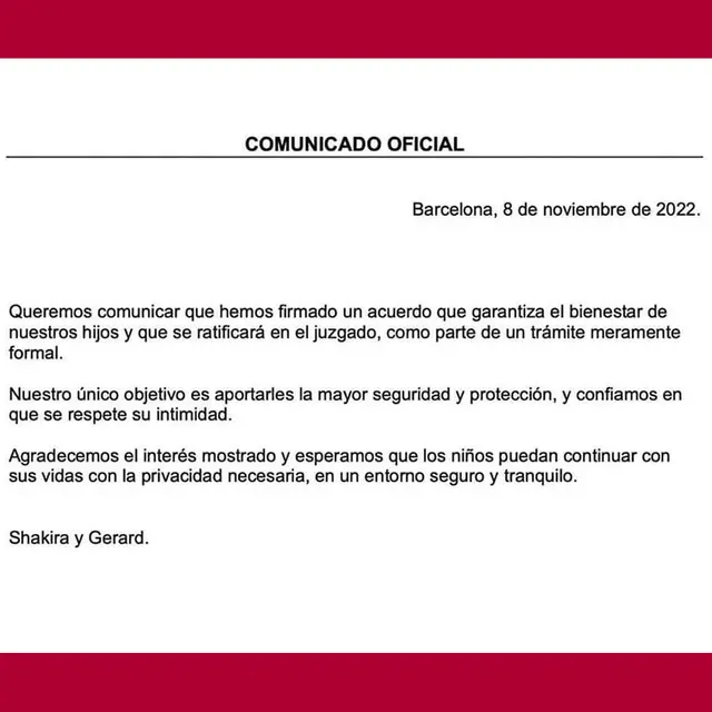 Comunicado de Shakira y Piqué
