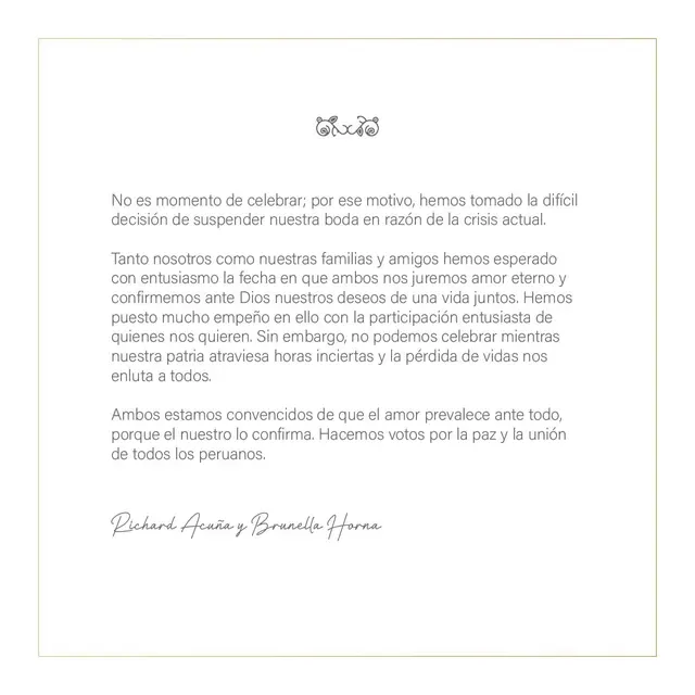 Brunella Horna y Richard Acuña emiten comunicado sobre la cancelación de su boda | Foto: Instagram   