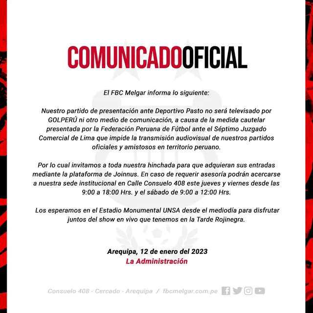 Comunicado de Melgar sobre la Tarde Rojinegra.