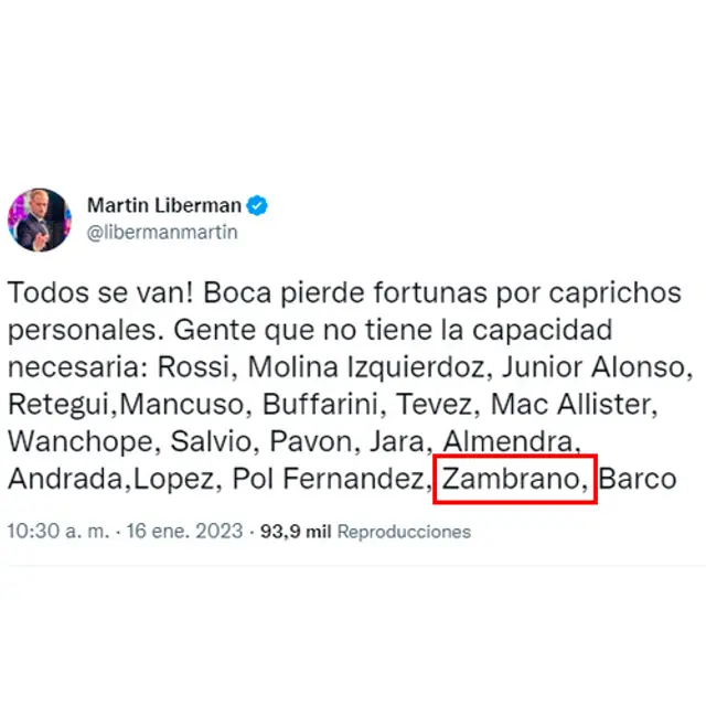 Boca Juniors dejó ir a Carlos Zambrano en este 2023