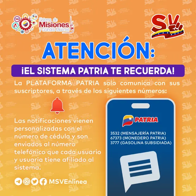 sistema patriaComunicado del Sistema Patria acerca de sus anuncios a los suscriptores. Foto: Twitter/MSVEnLínea sistema patriaComunicado del Sistema Patria acerca de sus anuncios a los suscriptores. Foto: Twitter/MSVEnLínea