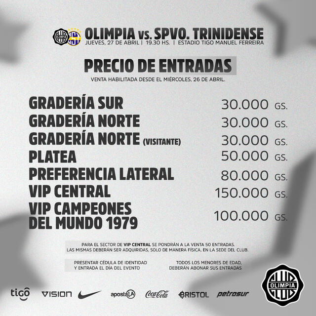 Olimpia vs. Sportivo Trinidense, precio de entradas