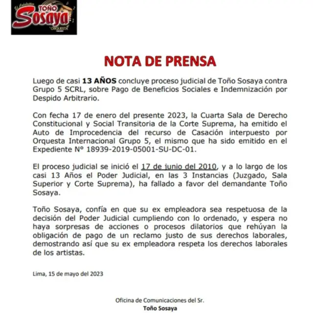 Toño Sosaya gana demanda al Grupo 5
