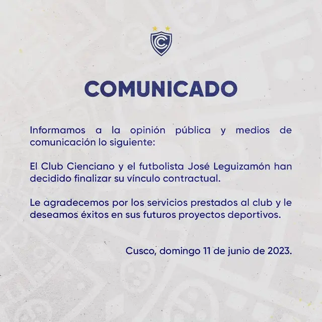  Cienciano anunció la salida de José Leguizamón a través de comunicado.