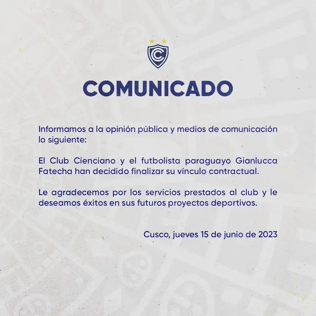 Cienciano anunció que Gianlucca Fatecha no va más en el plantel del 2023.