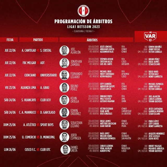 Programación de árbitros para la fecha 1 del Torneo Apertura de Liga 1.
