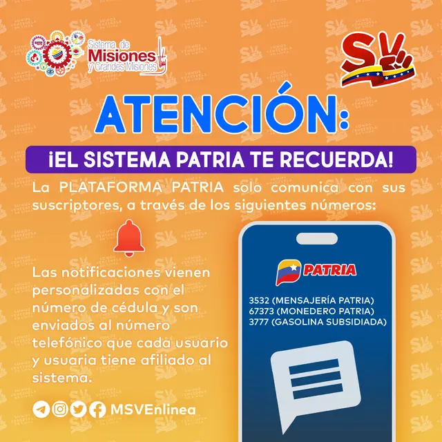Comunicado del Sistema Patria acerca de sus anuncios. Foto: Twitter/MSVEnLínea.   