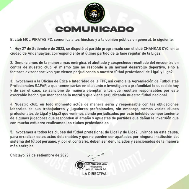 El Pirata lanzó contundente comunicado