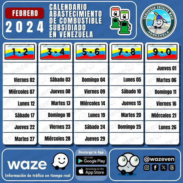 Cronograma completo de la gasolina subsidiada para febrero de 2024. Foto: Waze Venezuela/Facebook. Cronograma completo de la gasolina subsidiada para febrero de 2024. Foto: Waze Venezuela/Facebook.