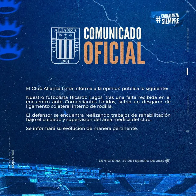 Comunicado de Alianza Lima sobre la lesión de Ricardo Lagos.   