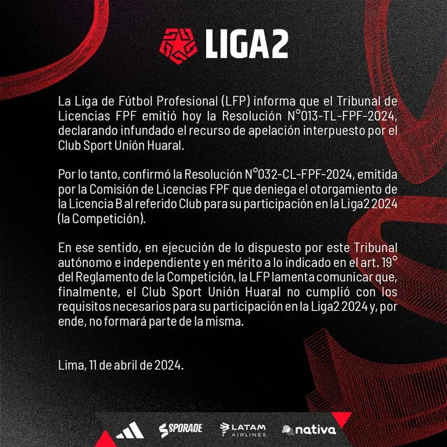 Comunicado de la Liga 2 sobre Unión Huaral. Foto: LFP   