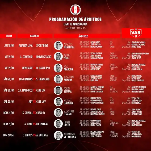 Programación de los árbitros para la fecha 12: | FOTO: Conar - Instagram   