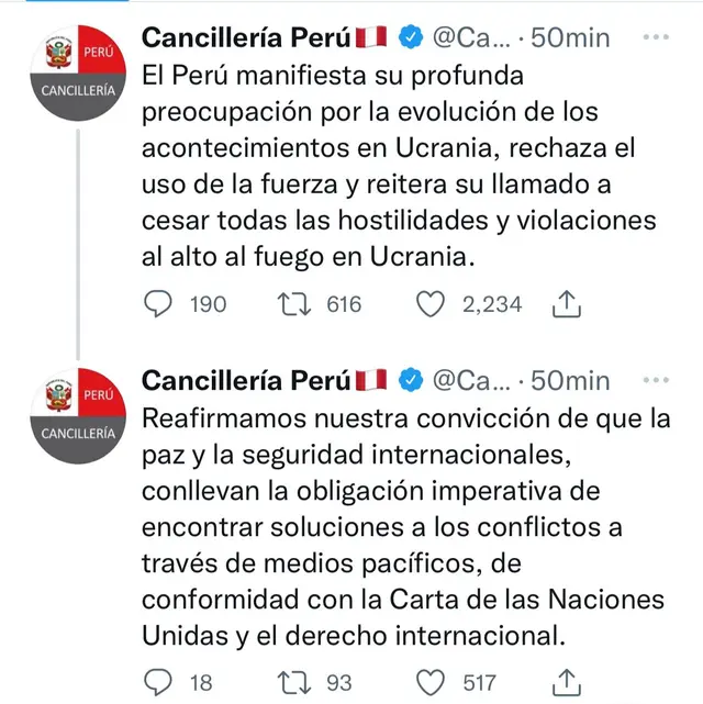 Tuit de Cancillería peruana sobre el ataque de Rusia a Ucrania