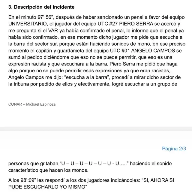 Informe de Michael Espinoza sobre Universitario vs UTC