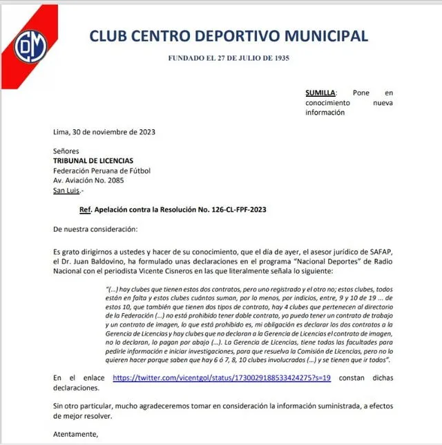 La carta enviada por Deportivo Municipal al Tribunal de Licencias FPF   