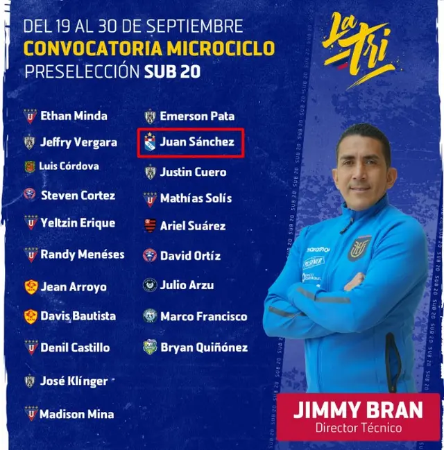 Juan Sánchez de Sporting Cristal convocado a la Selección de Ecuador Sub-20.    