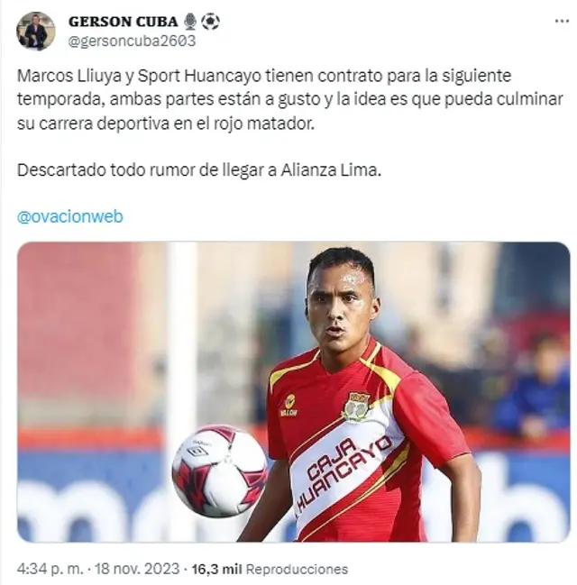 Marcos Lliuya no es opción para Sport Huancayo Marcos Lliuya no es opción para Sport Huancayo