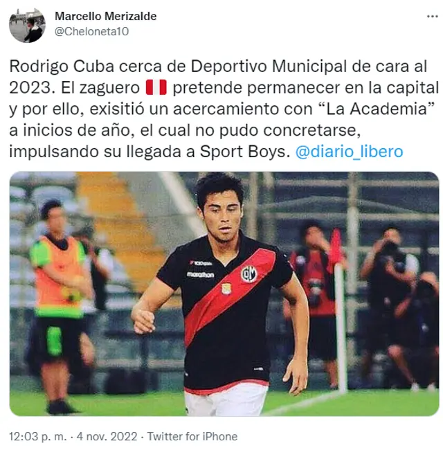 Rodrigo Cuba cerca de Deportivo Municipal.