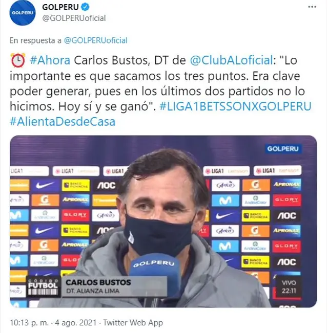 Bustos y sus declaraciones tras triunfo de Alianza. Foto: Twitter GolPerú. Bustos y sus declaraciones tras triunfo de Alianza. Foto: Twitter GolPerú.