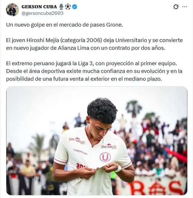 Hiroshi Mejía es nuevo jugador de Alianza Lima | Vía Gerson Cuba
