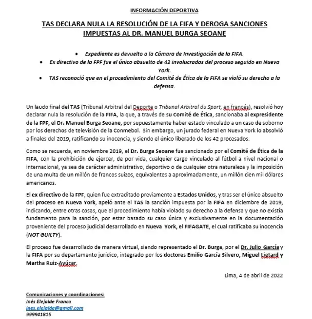 TAS anuló resolución de FIFA contra Manuel Burga.