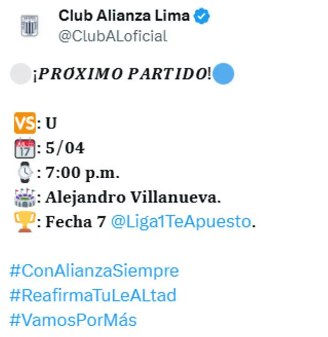 La publicación de Alianza Lima en redes sociales previo al clásico   