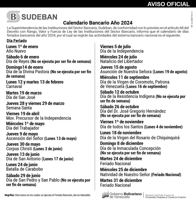 Calendario de feriados bancarios 2024 en Venezuela. Foto: Sudeban. Calendario de feriados bancarios 2024 en Venezuela. Foto: Sudeban.
