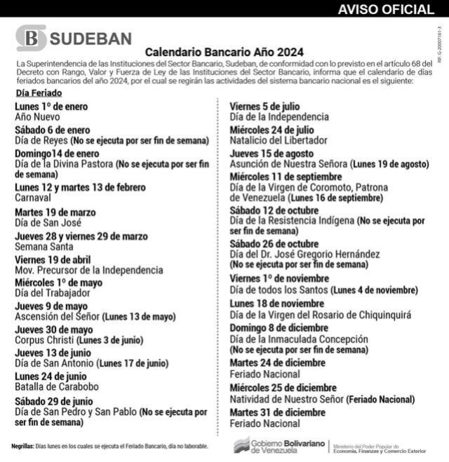 feriados bancarios 2024 venezuela