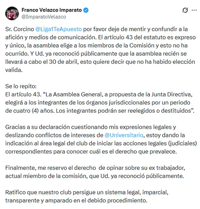 Franco Velazco le respondió a Fernando Corcino. Foto: X