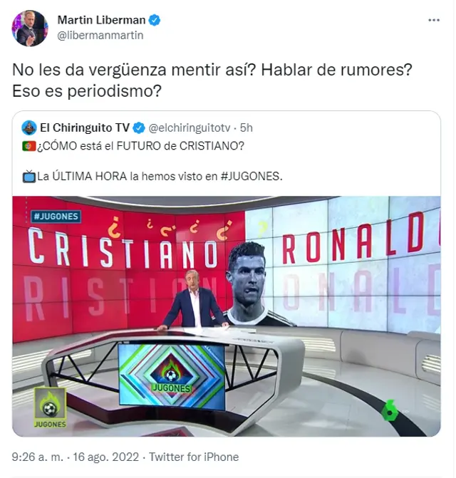 Martín Liberman califica de mentirosos al programa que conduce el periodista español Josep Pedrerol.    