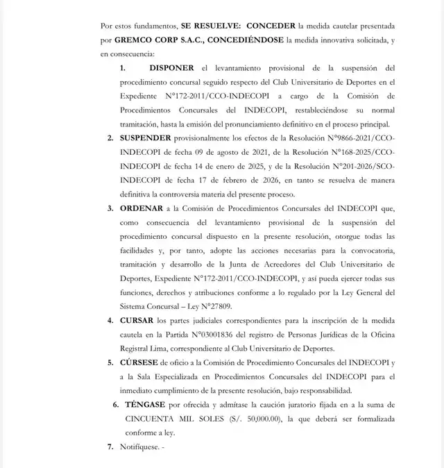 La resolución a favor de Gremco en caso Universitario