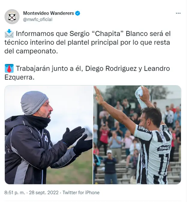 Montevideo Wanderers confirma el interinato de Sergio Blanco