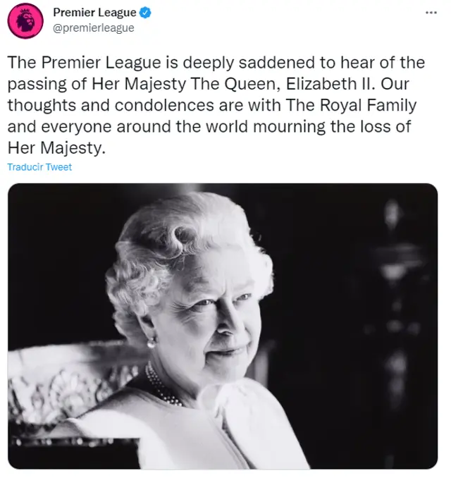Premier League despide a la Reina Isabel II.   