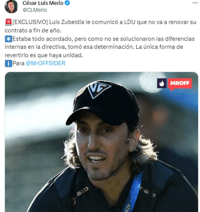 Luis Zubeldía dejaría LDU de Quito.   