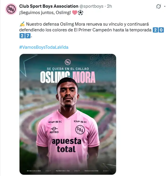 Oslimg Mora renovó contrato con Sport Boys   