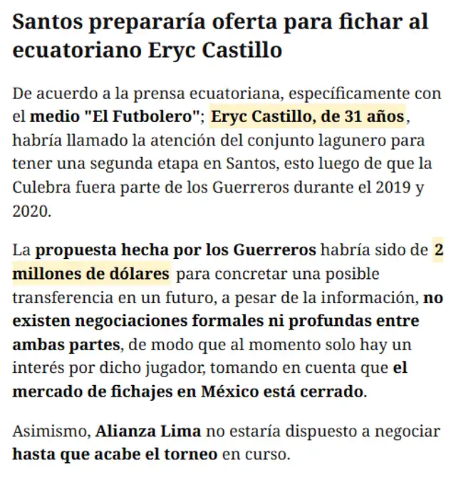 Esto informaba el medio El Siglo de Torreón sobre el interés por Eryc Castillo