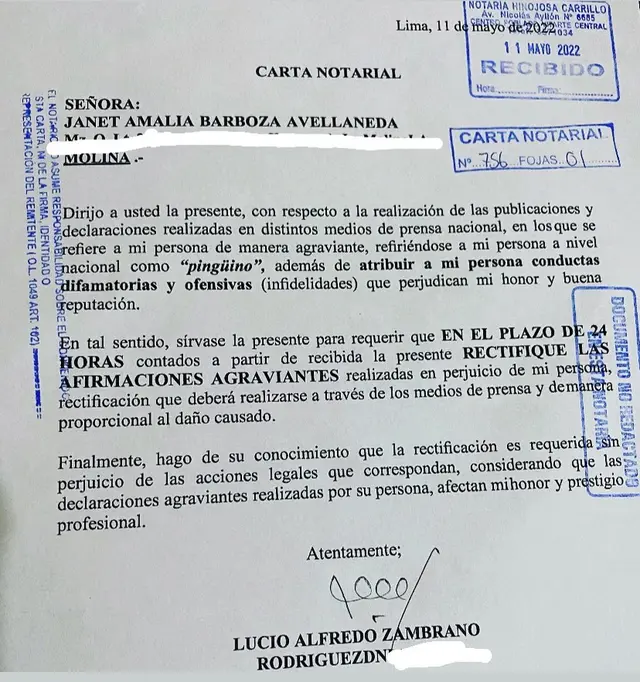 Alfredo Zambrano envió carta notarial a Janet Barboza.