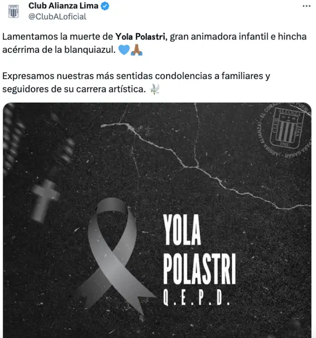 Alianza Lima envió mensaje por la muerte de Yola Polastri. / Foto: X.   