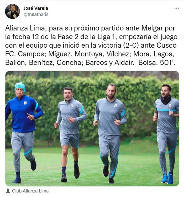 Información de Alianza Lima de cara al duelo ante Melgar. Foto: Twitter José Varela. Información de Alianza Lima de cara al duelo ante Melgar. Foto: Twitter José Varela.