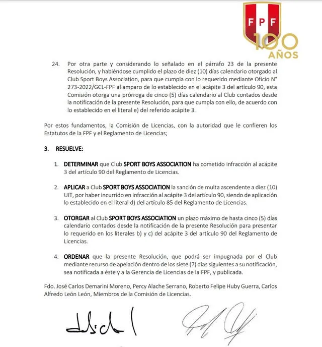 Comisión de Licencias contra Sport Boys.