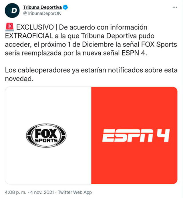 Tribuna Deportiva informa llegada de "ESPN 4".   