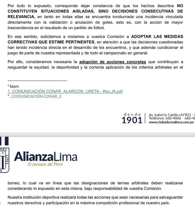 Alianza Lima envió un documento a la CONAR y exigió que los árbitros designados para sus partidos tomen mejores decisiones arbitrales.