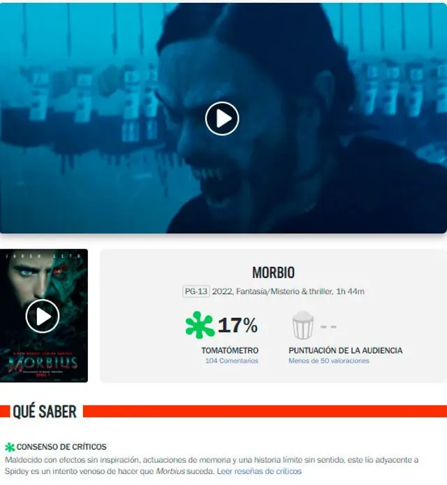 'Morbius' es calificado por Rotten Tomatoes y bate un nuevo récord / Foto: <strong>Rotten Tomatoes</strong>    