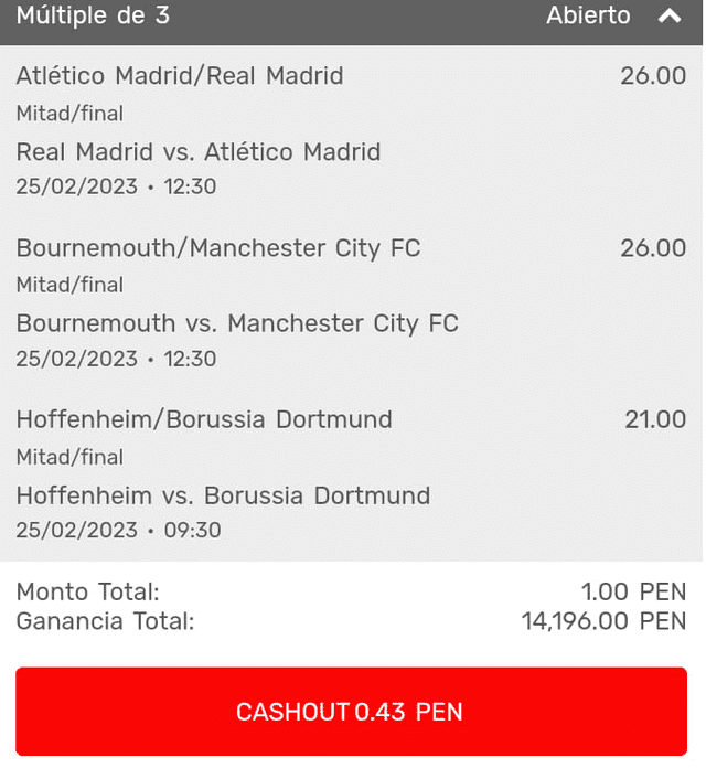 Cartilla de apostador sobre duelo entre Real Madrid y Atlético Madrid.   