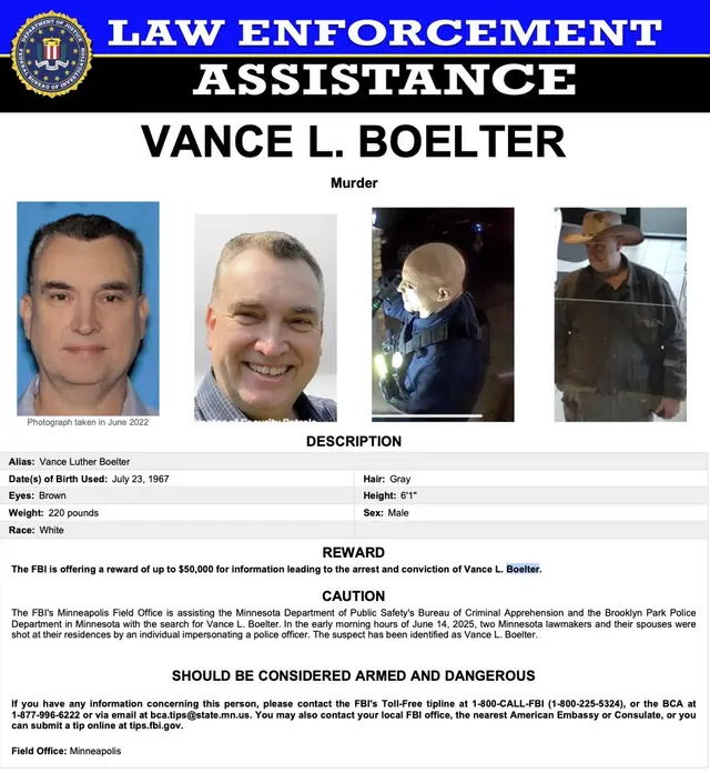 <em> FBI ofrece recompensa por presunto sospechoso de asesinar a Melissa Hortman / Foto: X de FBI</em>   