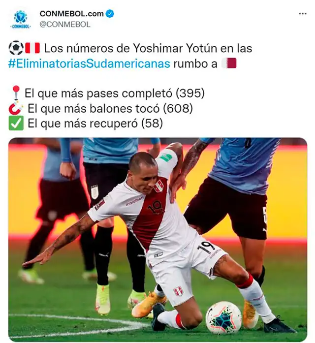 Yoshimar Yotún destacado por Conmebol en estas Eliminatorias Qatar 2022.   