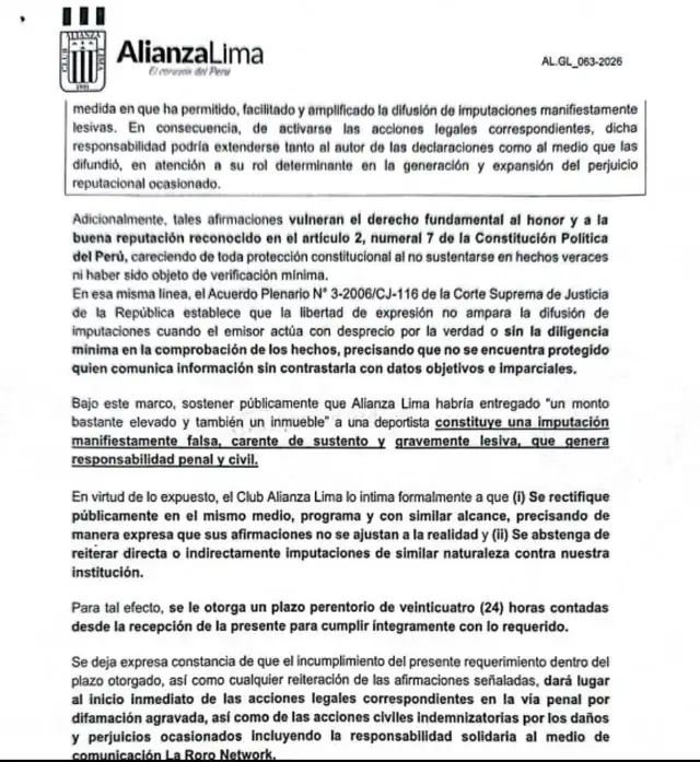 Alianza Lima envió carta notarial a Vivian Baella.