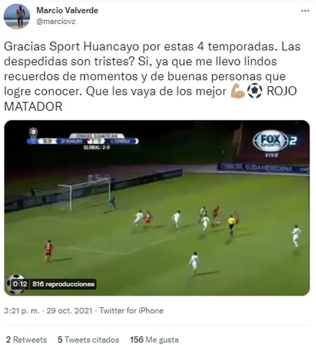 Marcio Valverde se despidió de Sport Huancayo. Marcio Valverde se despidió de Sport Huancayo.